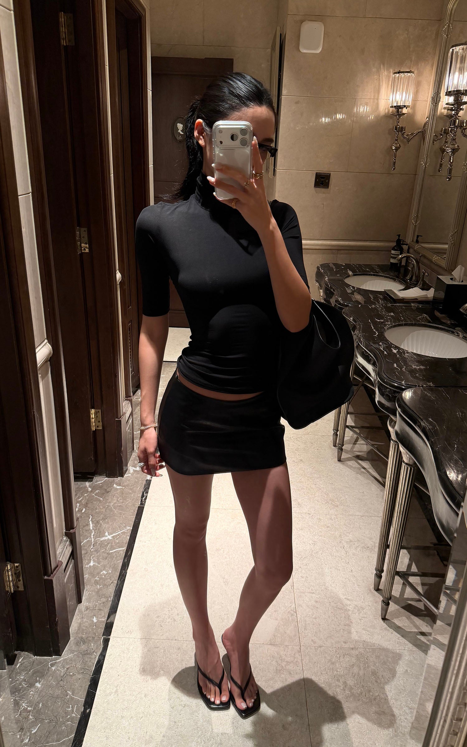 ROVENTE Mock Neck Top &amp; Leather-Look Mini Skirt Set