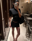 ROVENTE Mock Neck Top & Leather-Look Mini Skirt Set