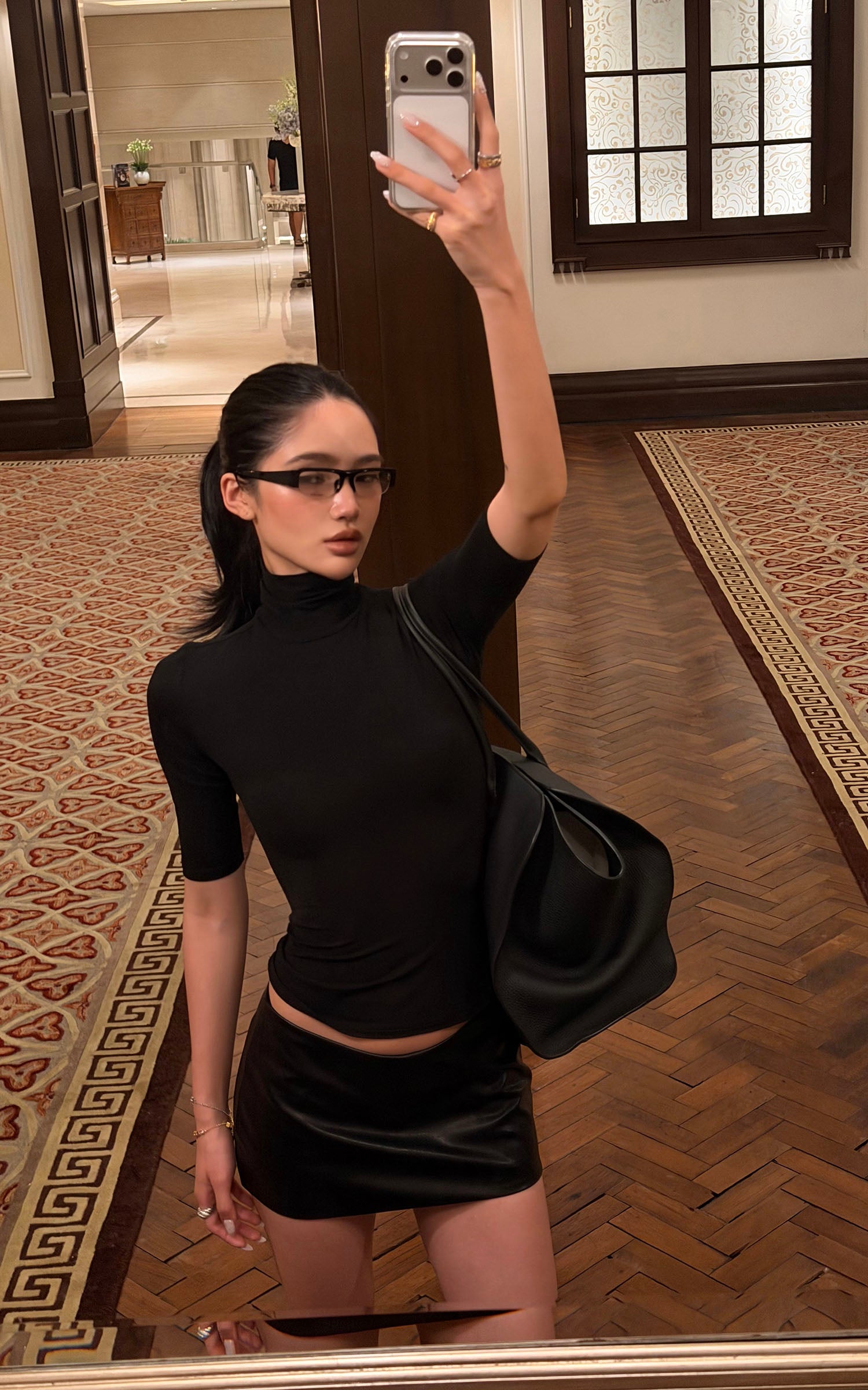 ROVENTE Mock Neck Top &amp; Leather-Look Mini Skirt Set