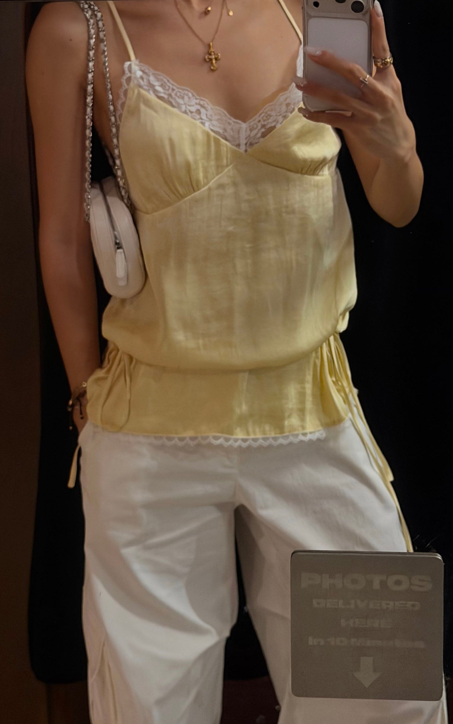 ROVENTE Lace Trim Ruched Satin Camisole Top