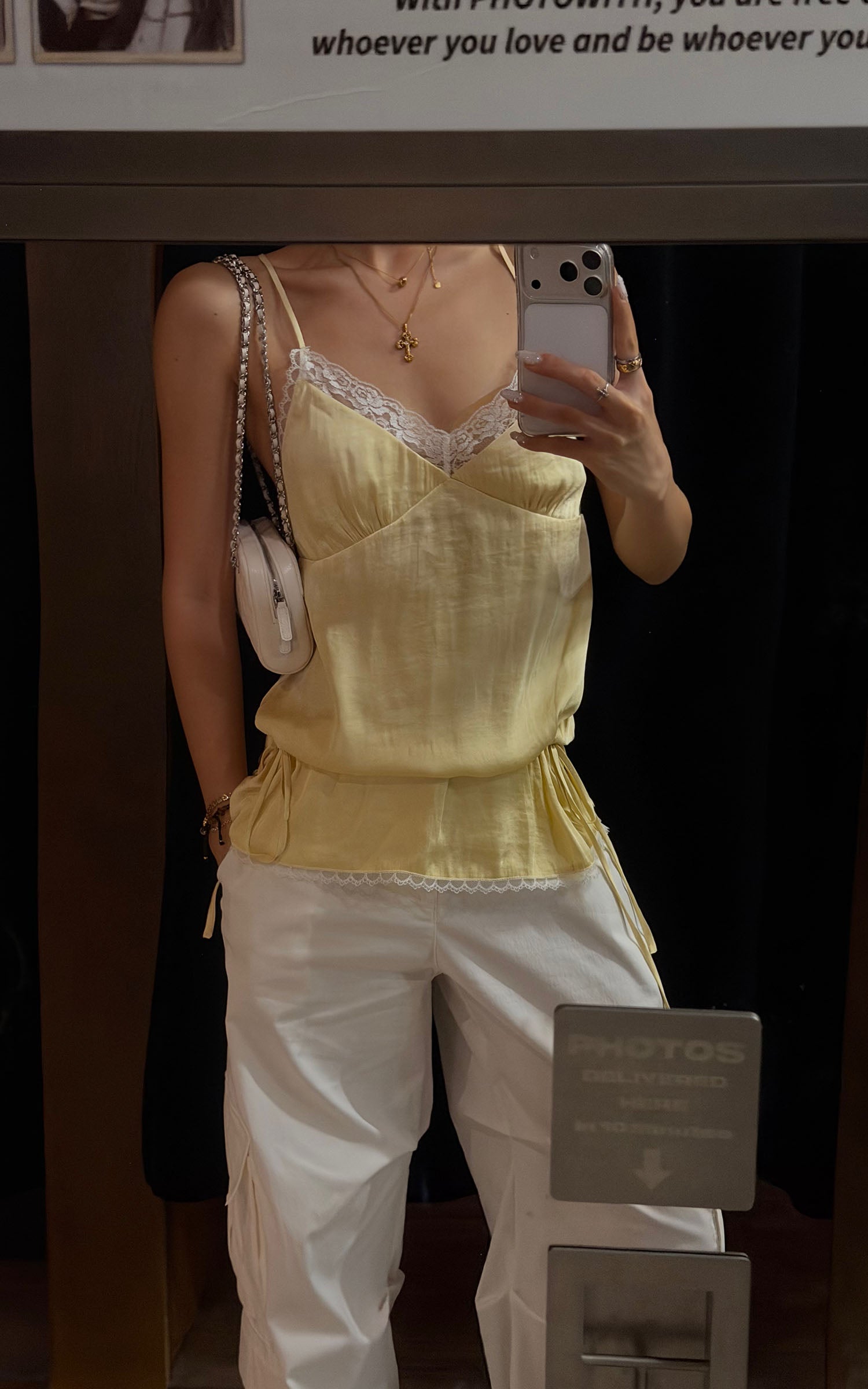 ROVENTE Lace Trim Ruched Satin Camisole Top