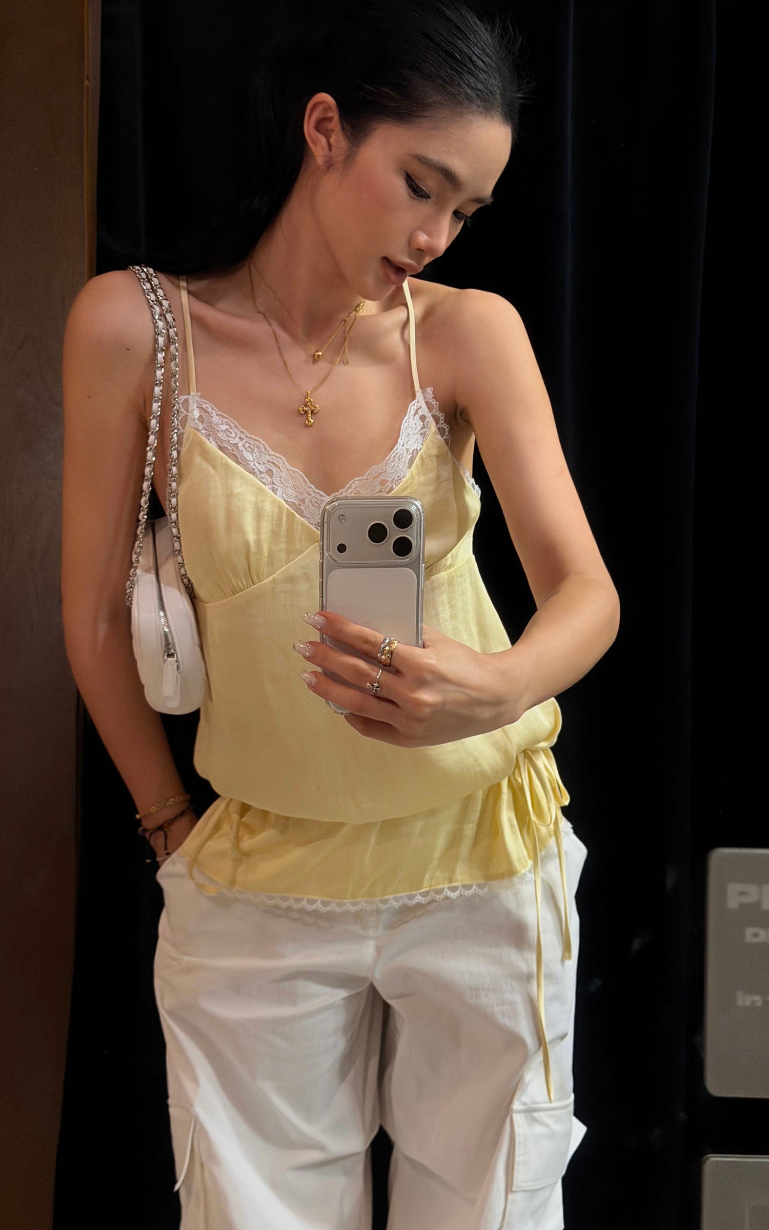 ROVENTE Lace Trim Ruched Satin Camisole Top