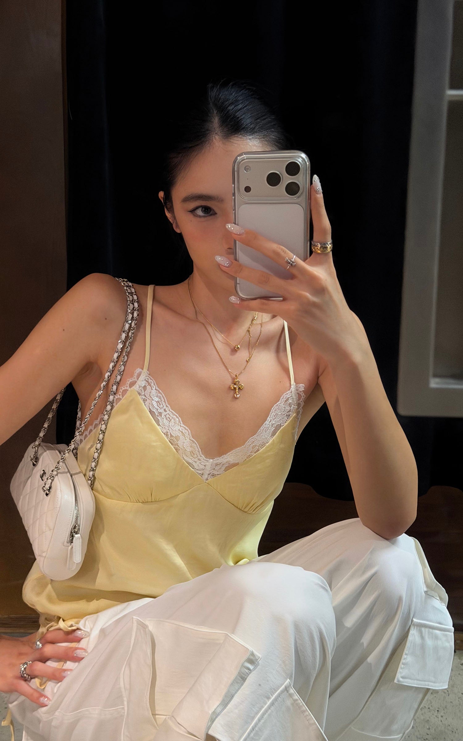 ROVENTE Lace Trim Ruched Satin Camisole Top