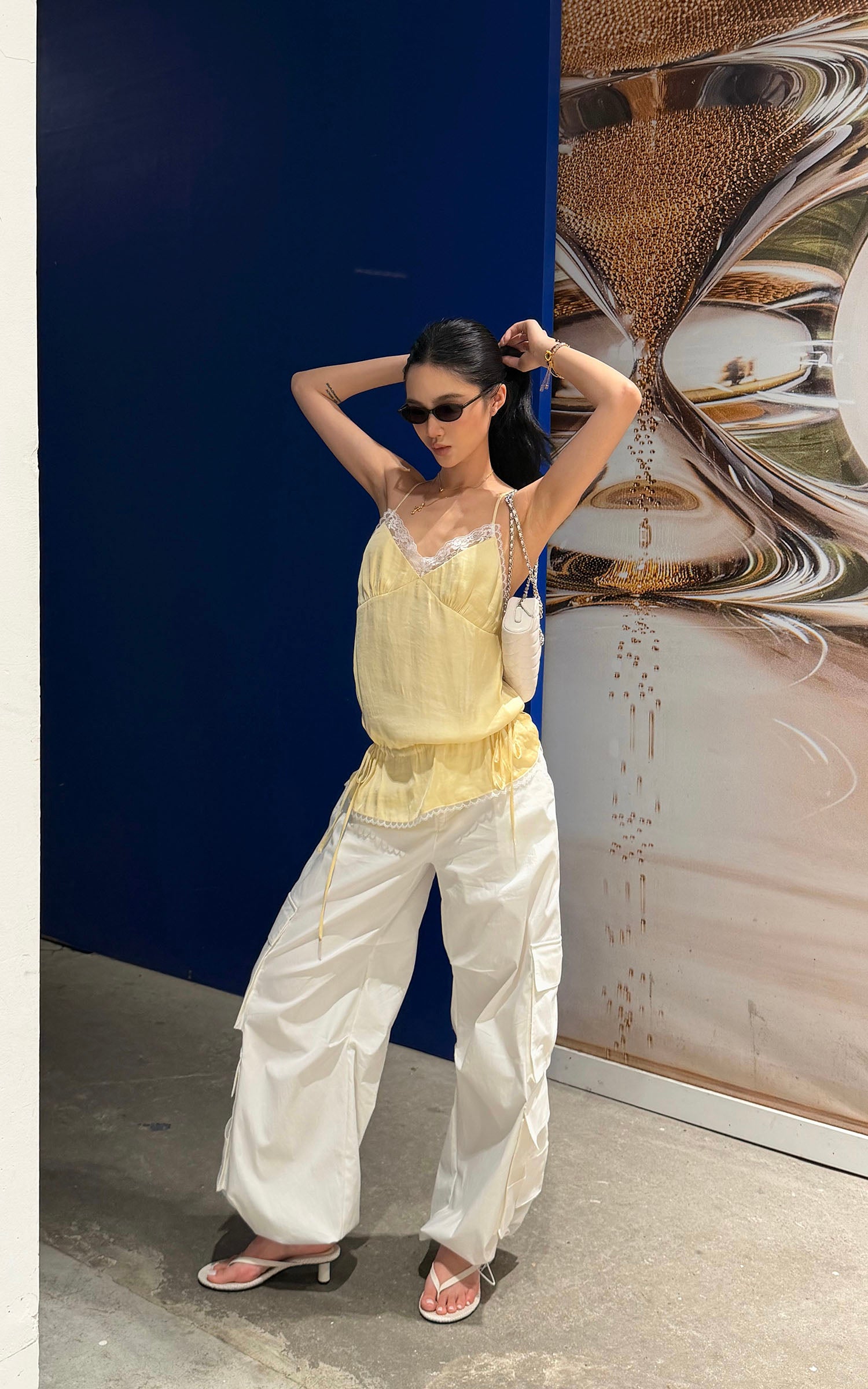 ROVENTE Lace Trim Ruched Satin Camisole Top