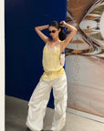 ROVENTE Lace Trim Ruched Satin Camisole Top