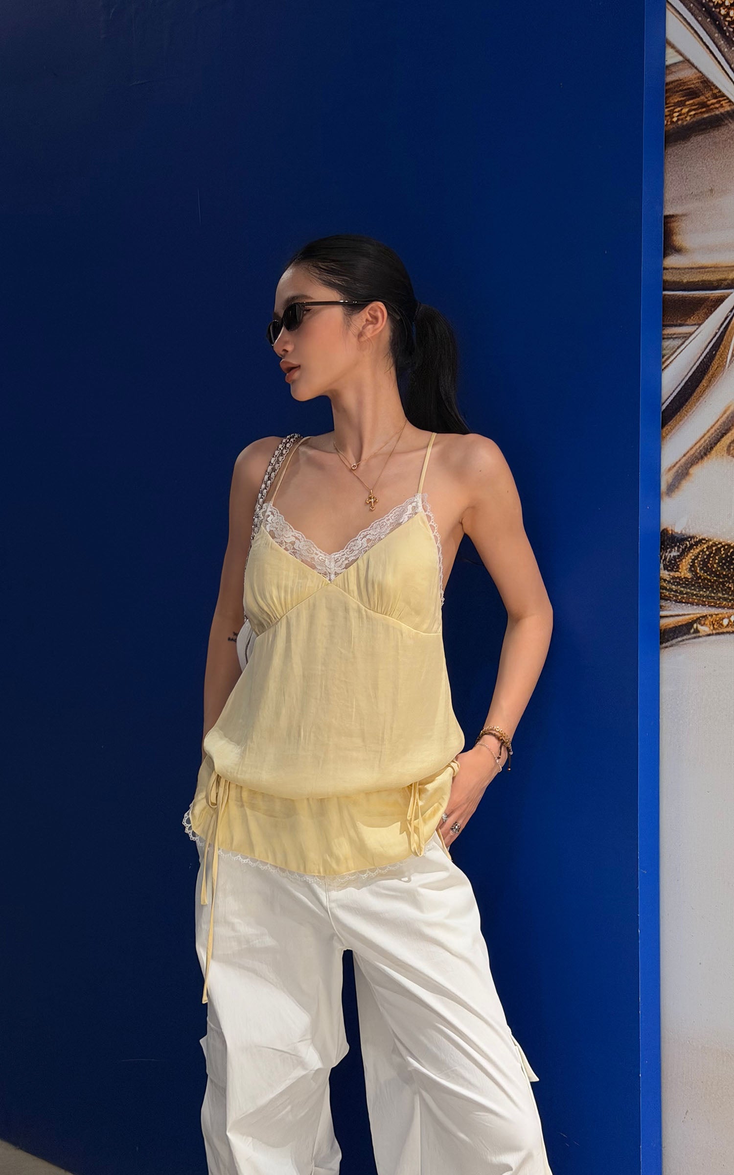 ROVENTE Lace Trim Ruched Satin Camisole Top