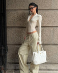 ROVENTE Low-Rise Wide-Leg Cotton Casual Pants