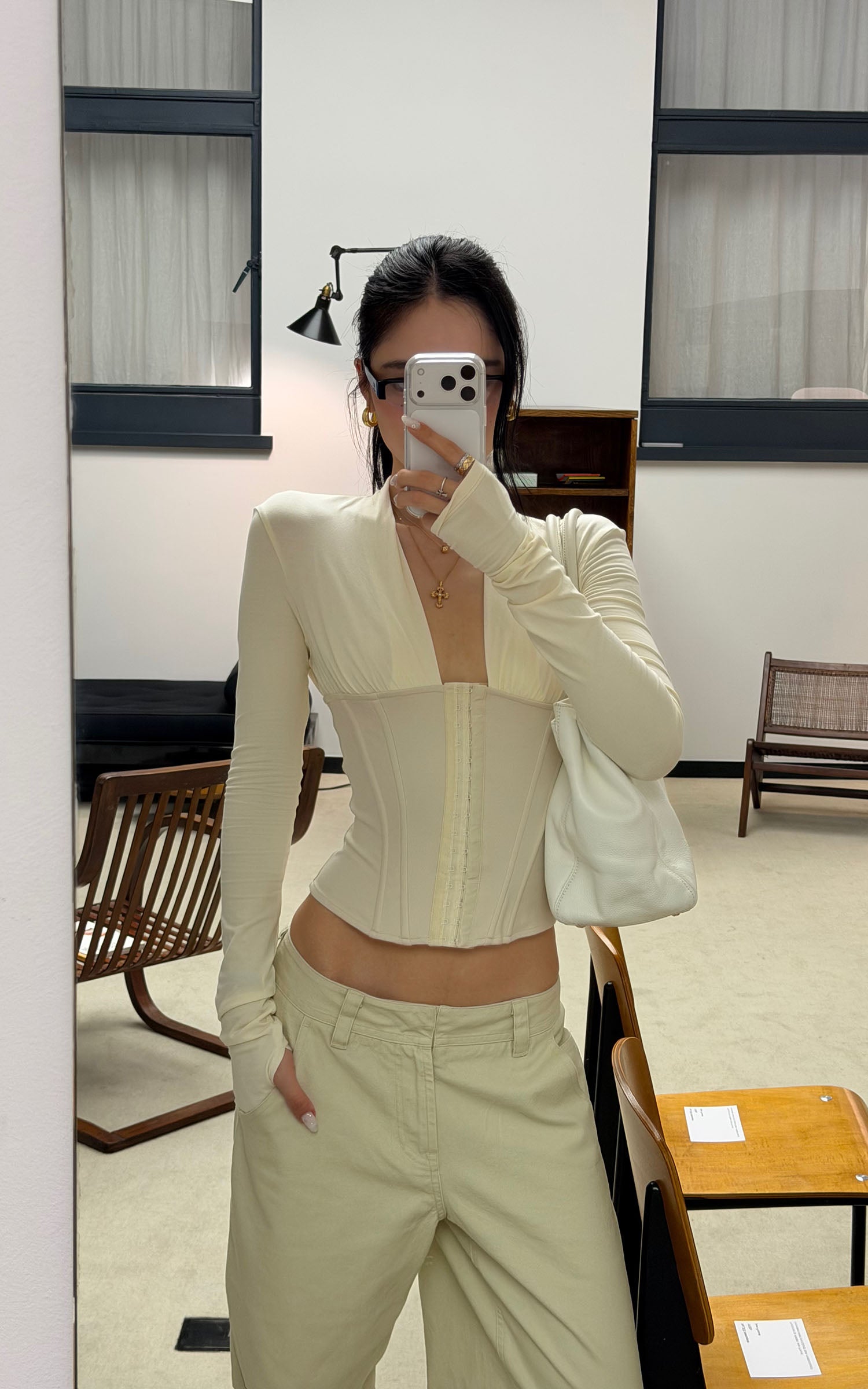 ROVENTE Draped Plunge Corset Long Sleeve Top
