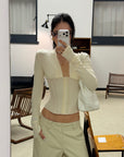 ROVENTE Draped Plunge Corset Long Sleeve Top