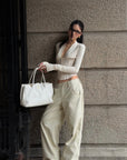 ROVENTE Low-Rise Wide-Leg Cotton Casual Pants