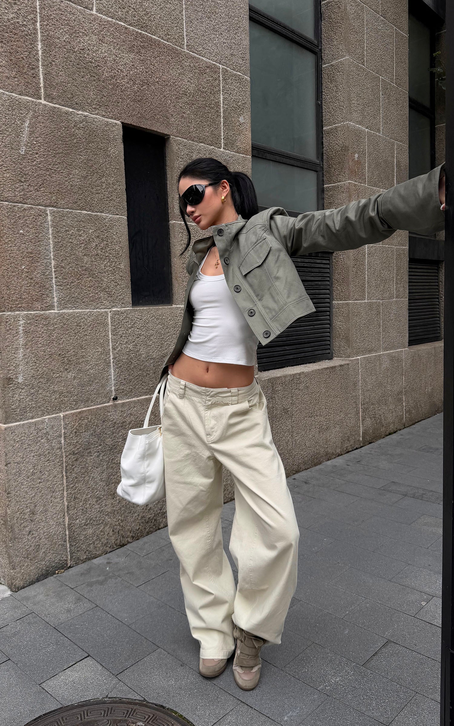 ROVENTE Low-Rise Wide-Leg Cotton Casual Pants