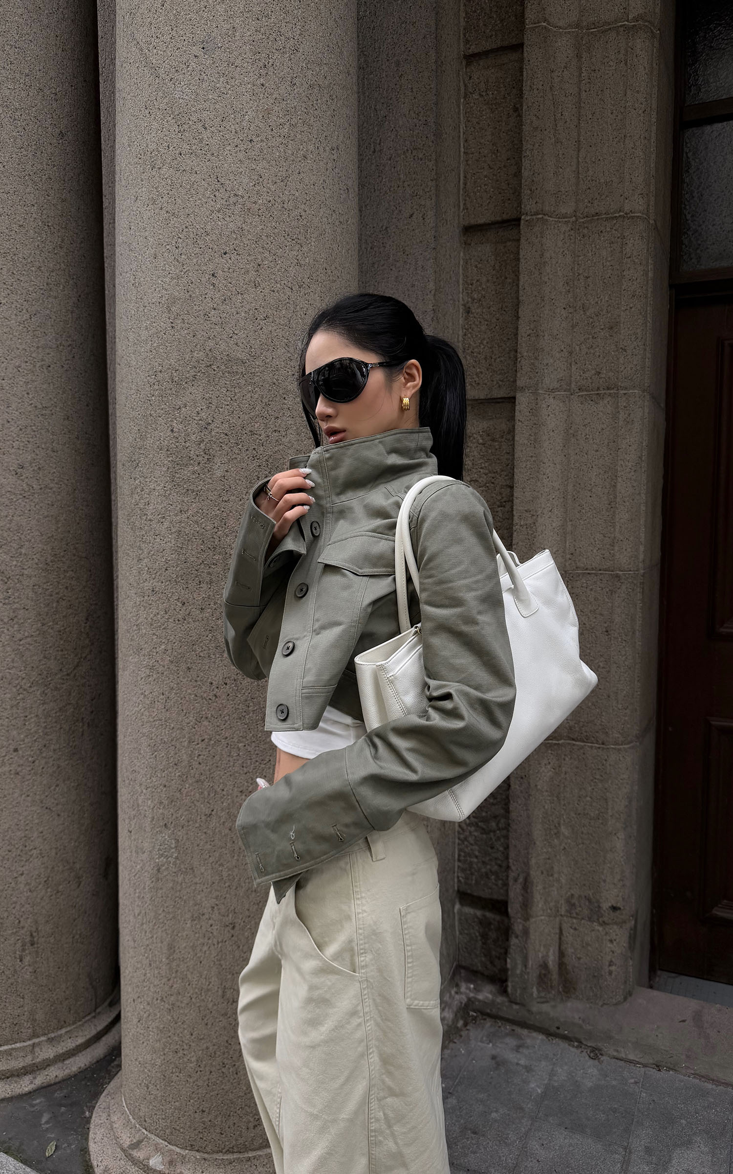 ROVENTE Cropped Stand Collar Utility Jacket