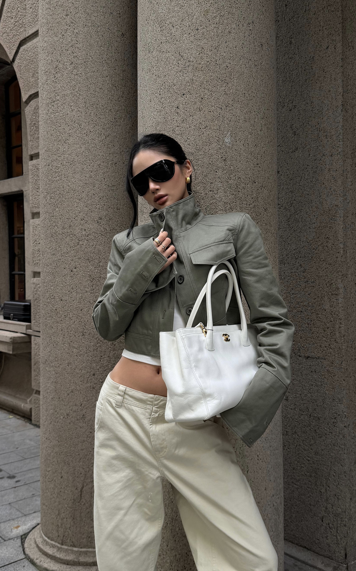 ROVENTE Cropped Stand Collar Utility Jacket