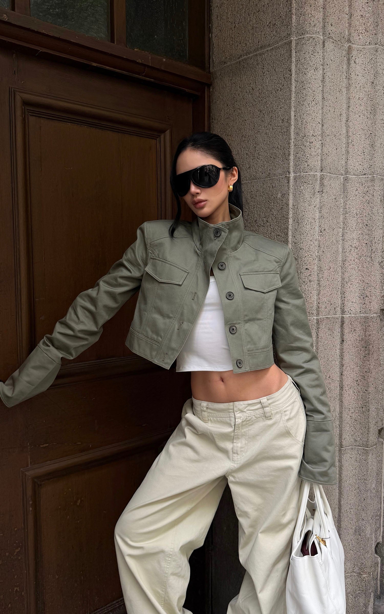 ROVENTE Cropped Stand Collar Utility Jacket