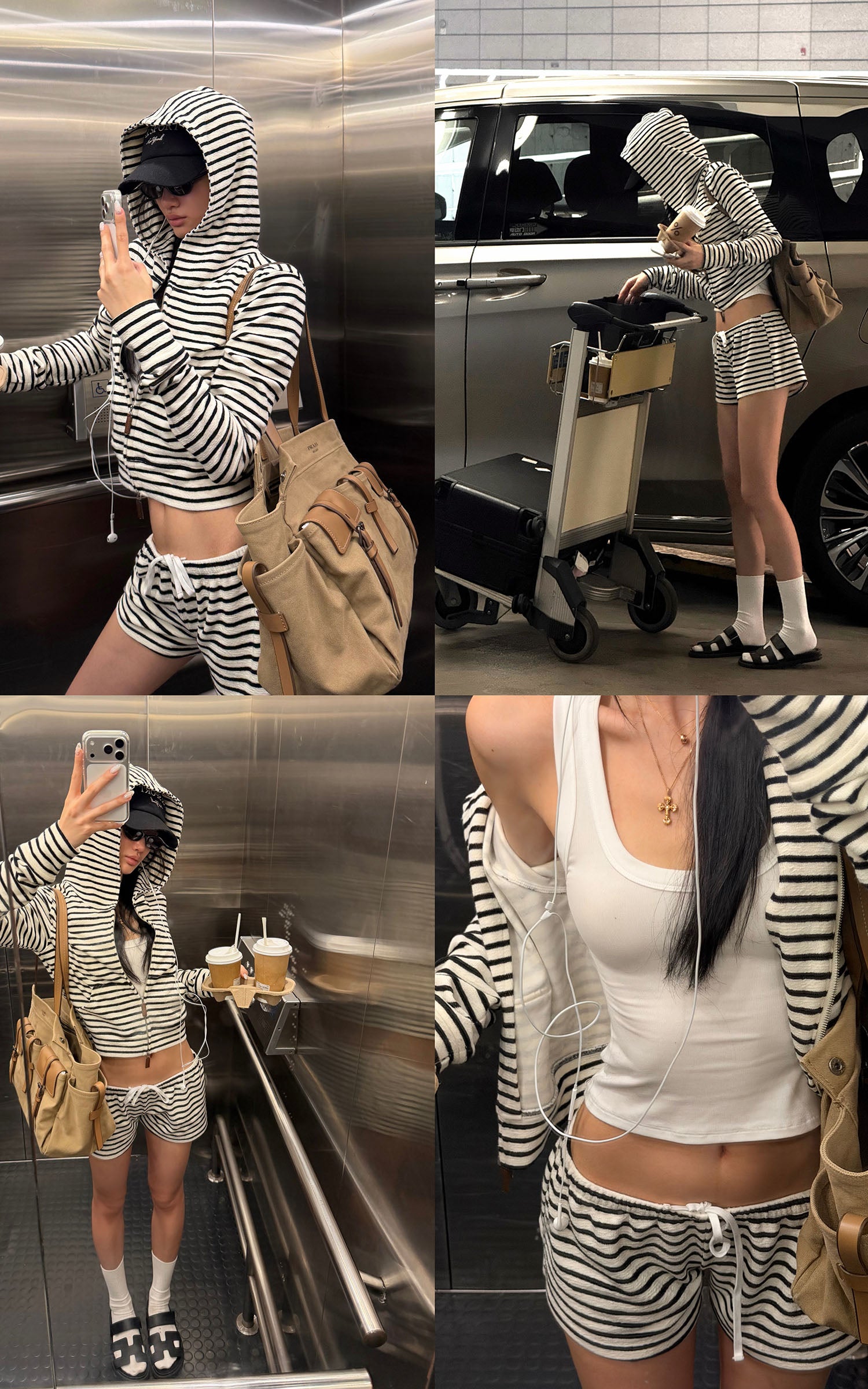 ROVENTE Striped Terry Zip Hoodie &amp; Shorts Set