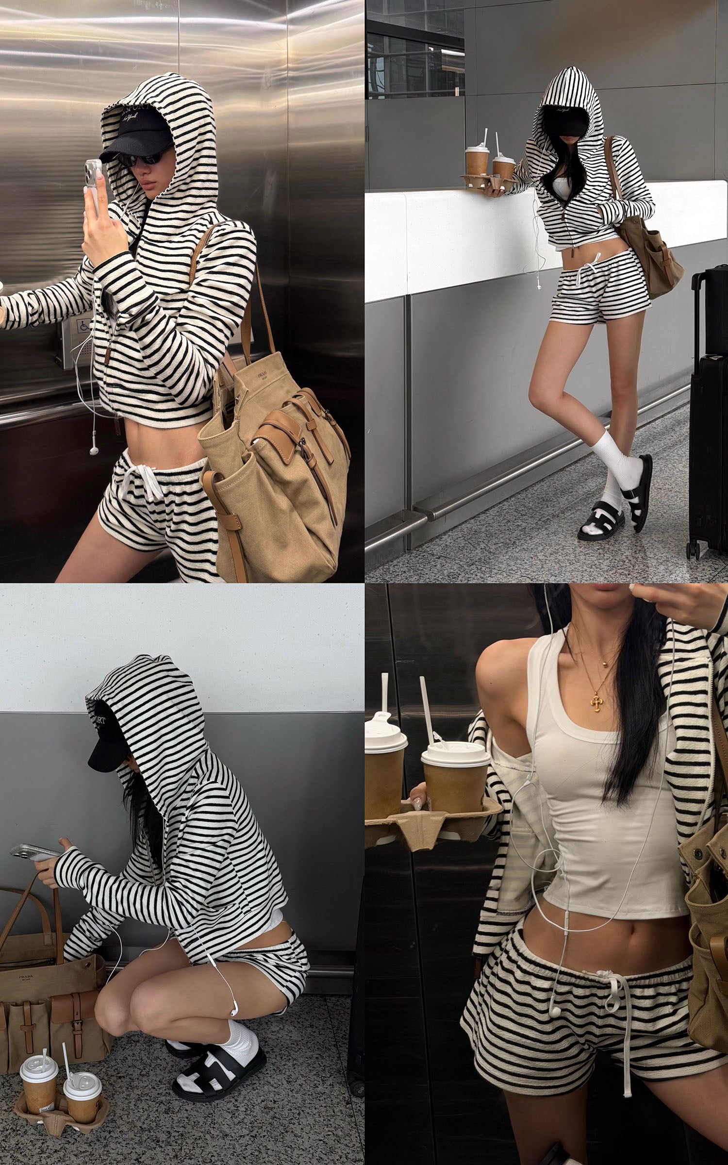 ROVENTE Striped Terry Zip Hoodie &amp; Shorts Set