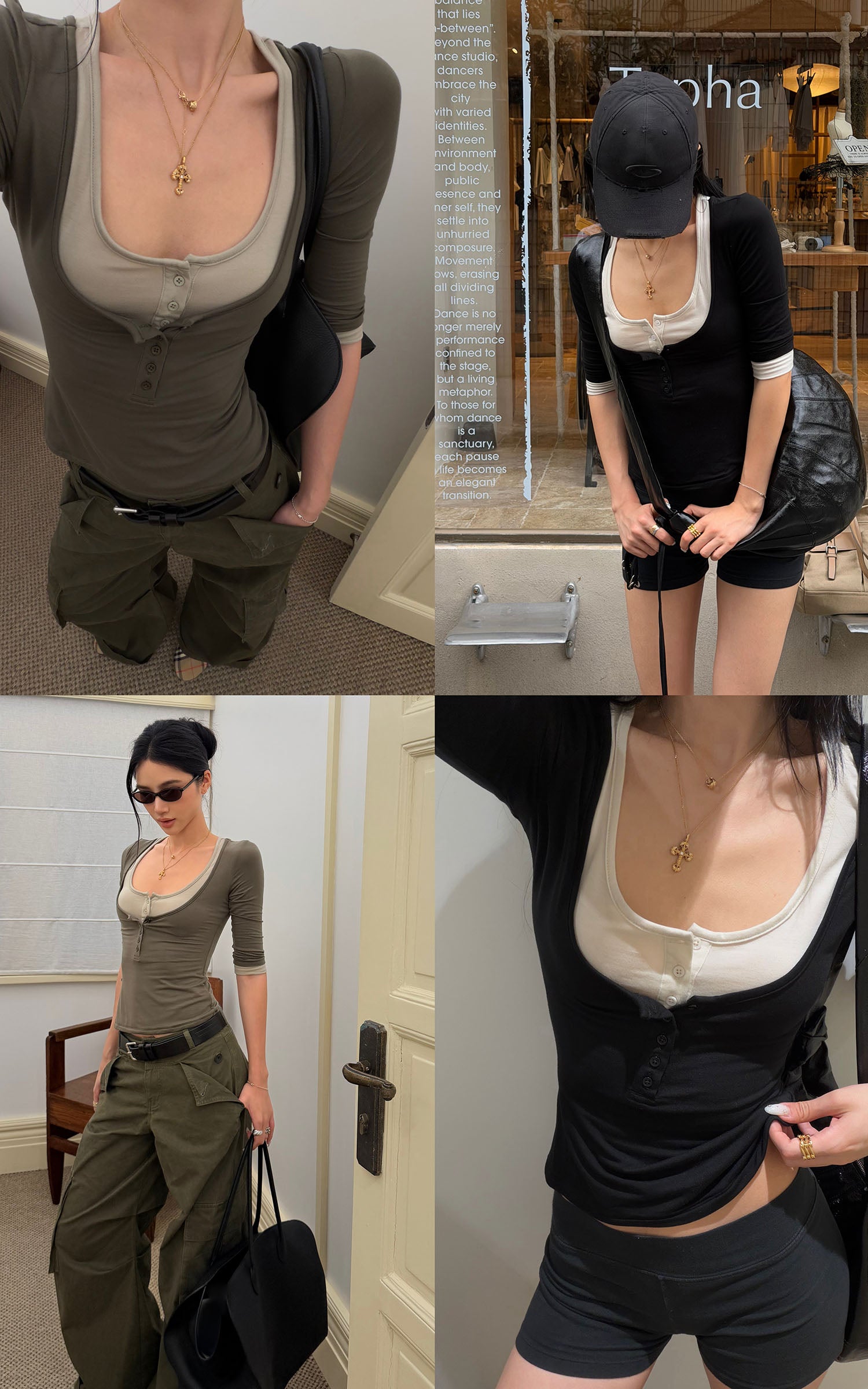 ROVENTE Faux-Layer Scoop Neck Henley T-Shirt