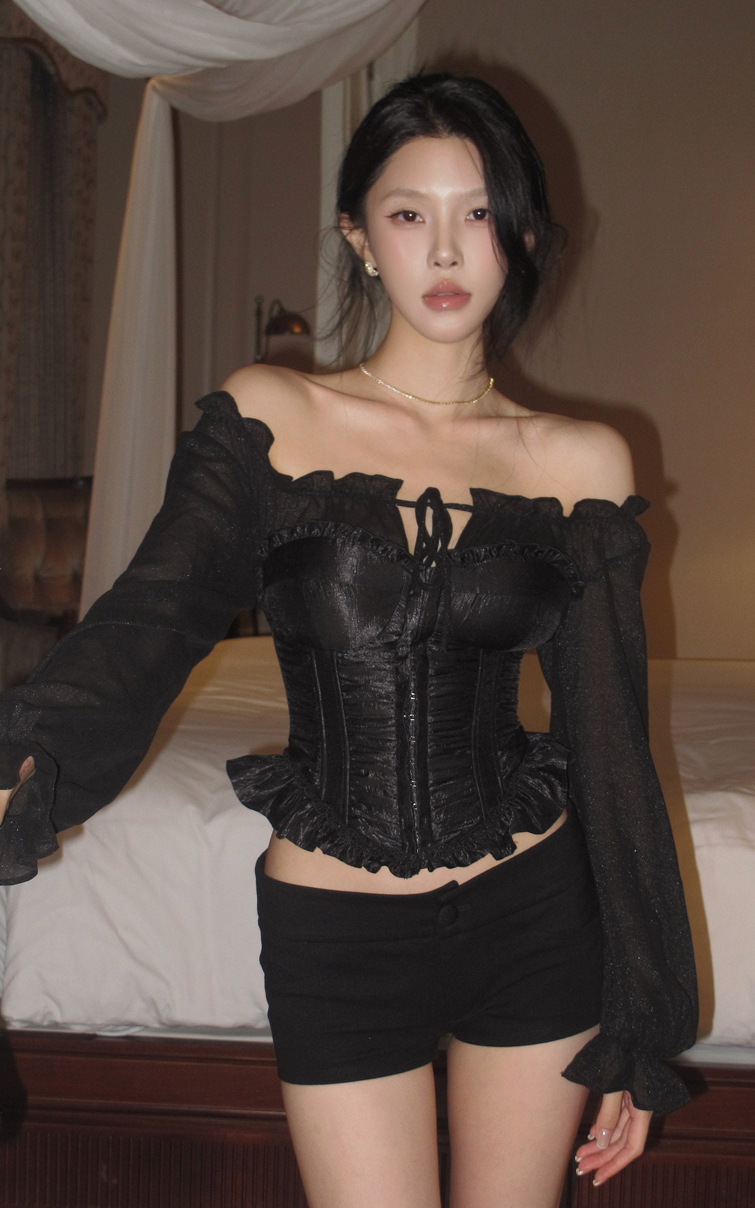 Hydrae Off-Shoulder Ruched Corset Long Sleeve Top