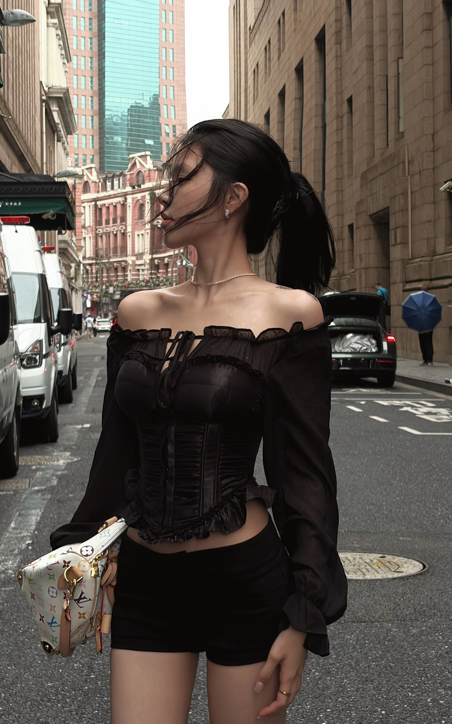 Hydrae Off-Shoulder Ruched Corset Long Sleeve Top
