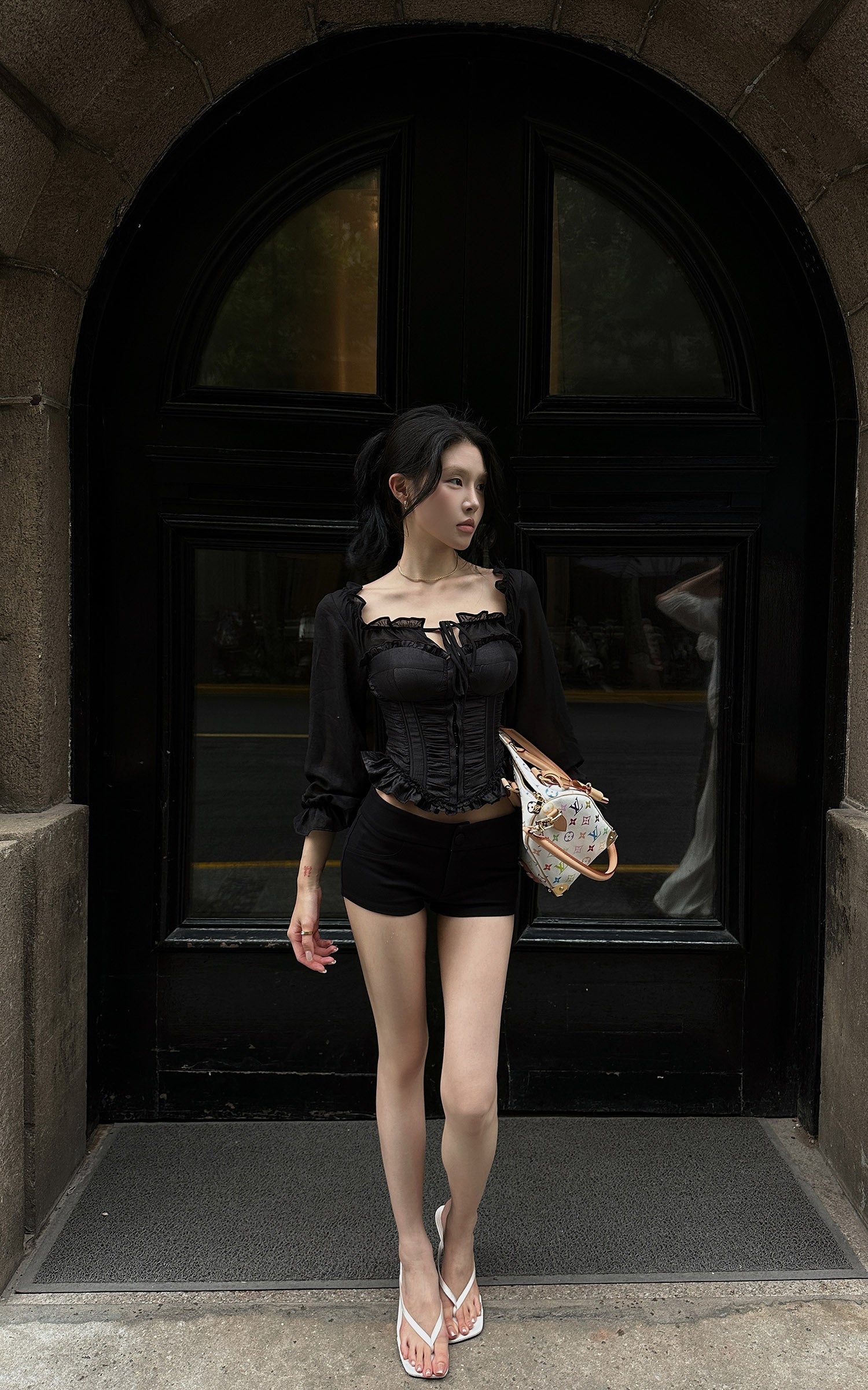 Hydrae Off-Shoulder Ruched Corset Long Sleeve Top