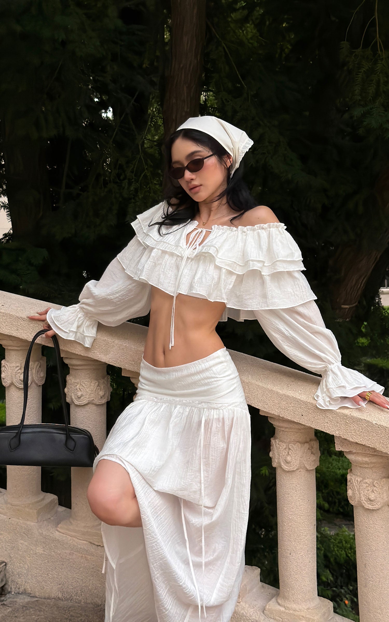 ROVENTE Ruffled Off-Shoulder Top &amp; Draped Skirt Set