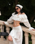 ROVENTE Ruffled Off-Shoulder Top & Draped Skirt Set