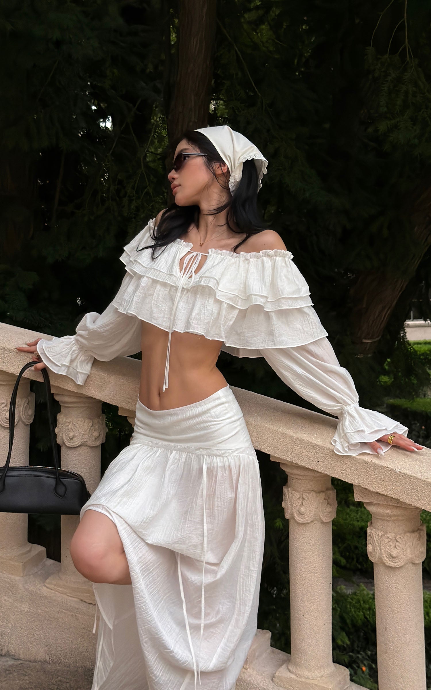 ROVENTE Ruffled Off-Shoulder Top &amp; Draped Skirt Set