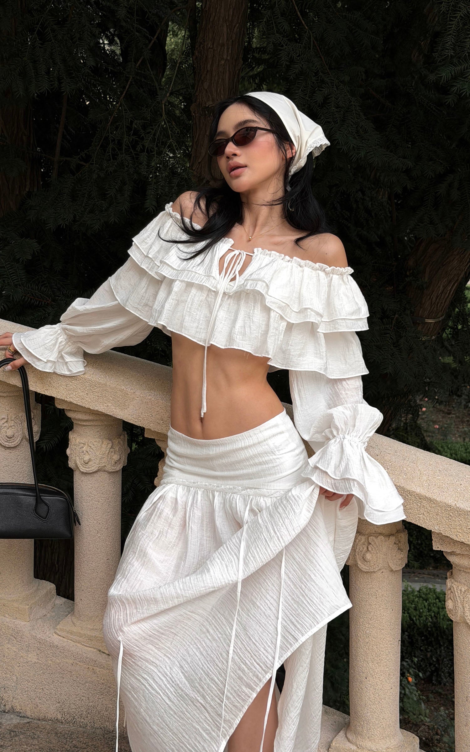 ROVENTE Ruffled Off-Shoulder Top &amp; Draped Skirt Set