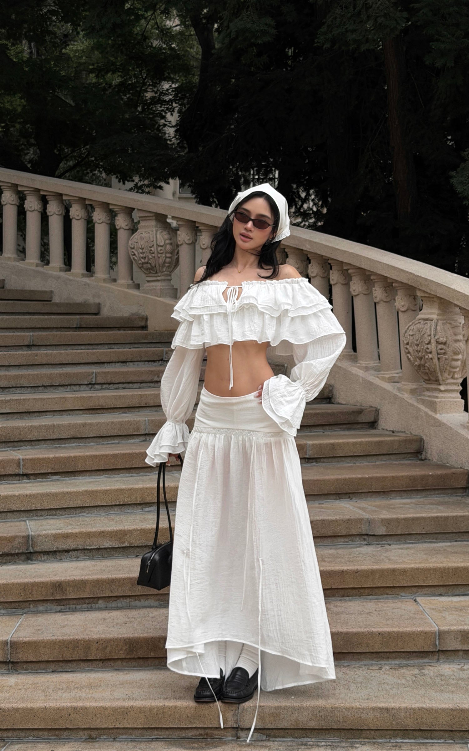 ROVENTE Ruffled Off-Shoulder Top &amp; Draped Skirt Set