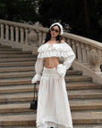 ROVENTE Ruffled Off-Shoulder Top & Draped Skirt Set