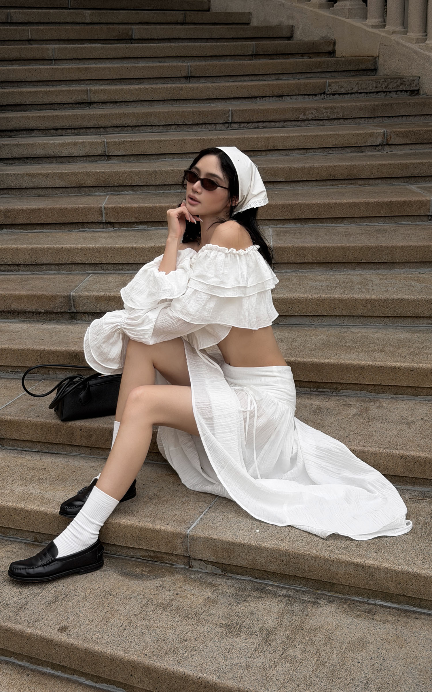 ROVENTE Ruffled Off-Shoulder Top &amp; Draped Skirt Set