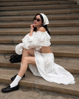 ROVENTE Ruffled Off-Shoulder Top & Draped Skirt Set