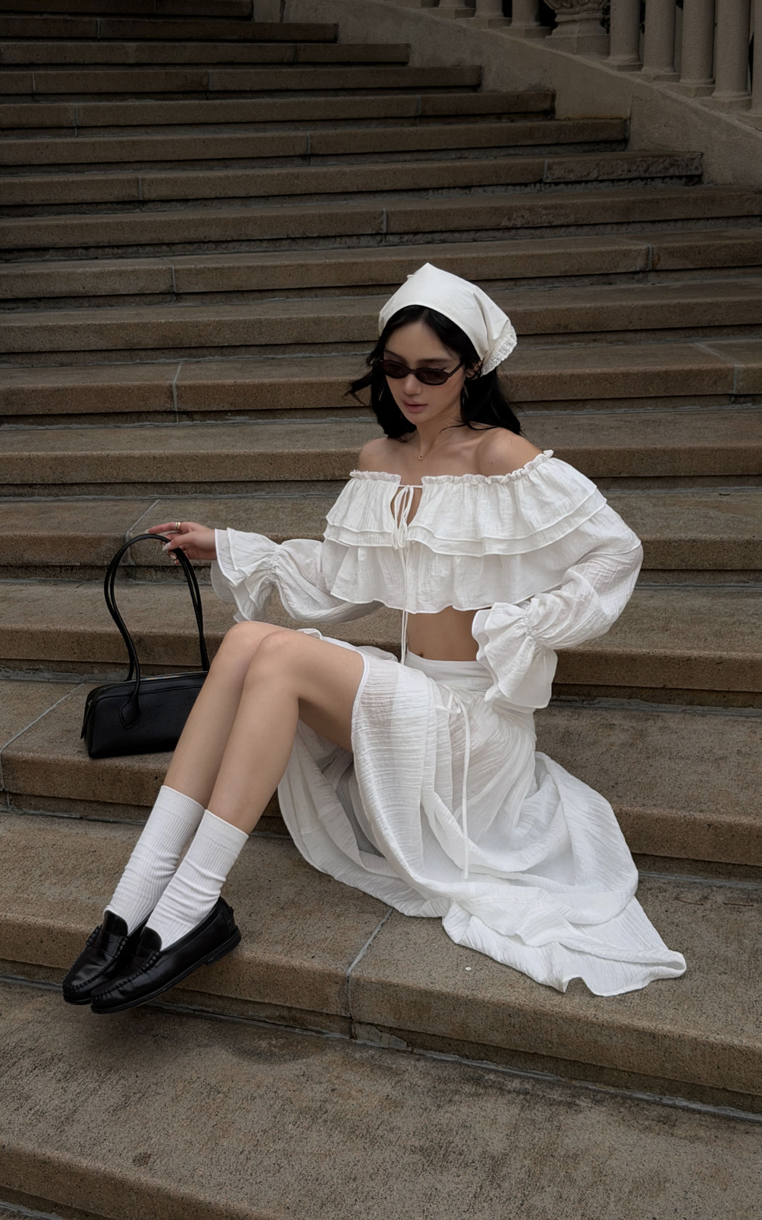 ROVENTE Ruffled Off-Shoulder Top &amp; Draped Skirt Set