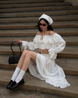 ROVENTE Ruffled Off-Shoulder Top & Draped Skirt Set