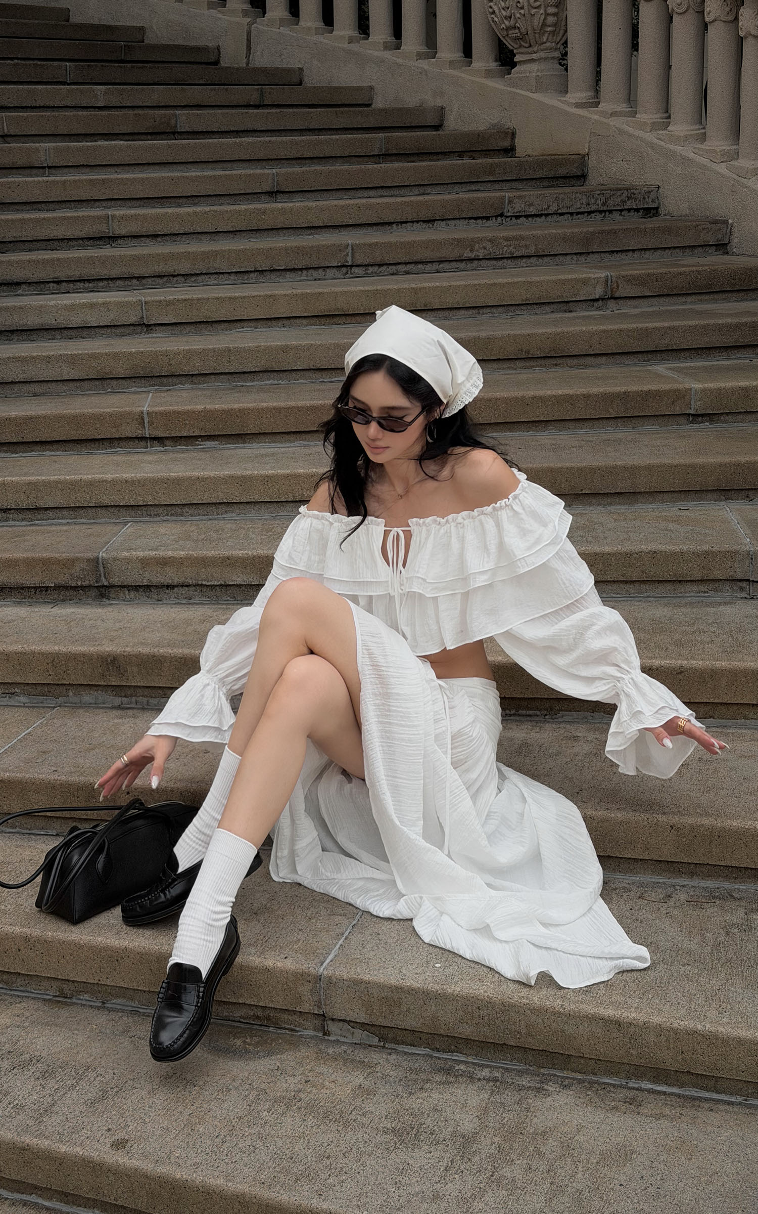 ROVENTE Ruffled Off-Shoulder Top &amp; Draped Skirt Set