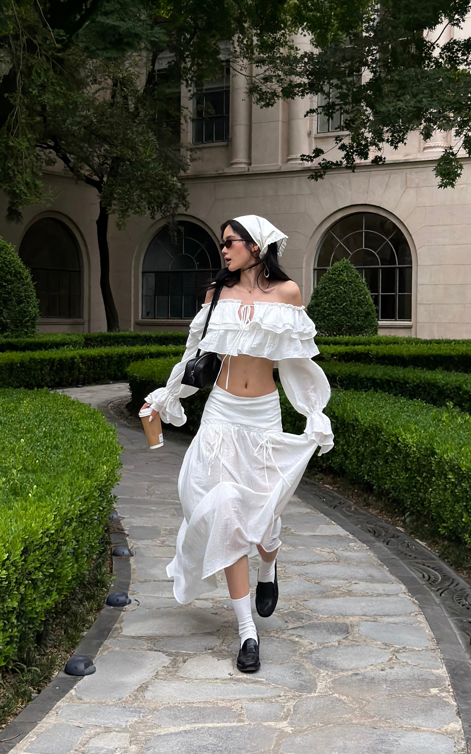 ROVENTE Ruffled Off-Shoulder Top &amp; Draped Skirt Set