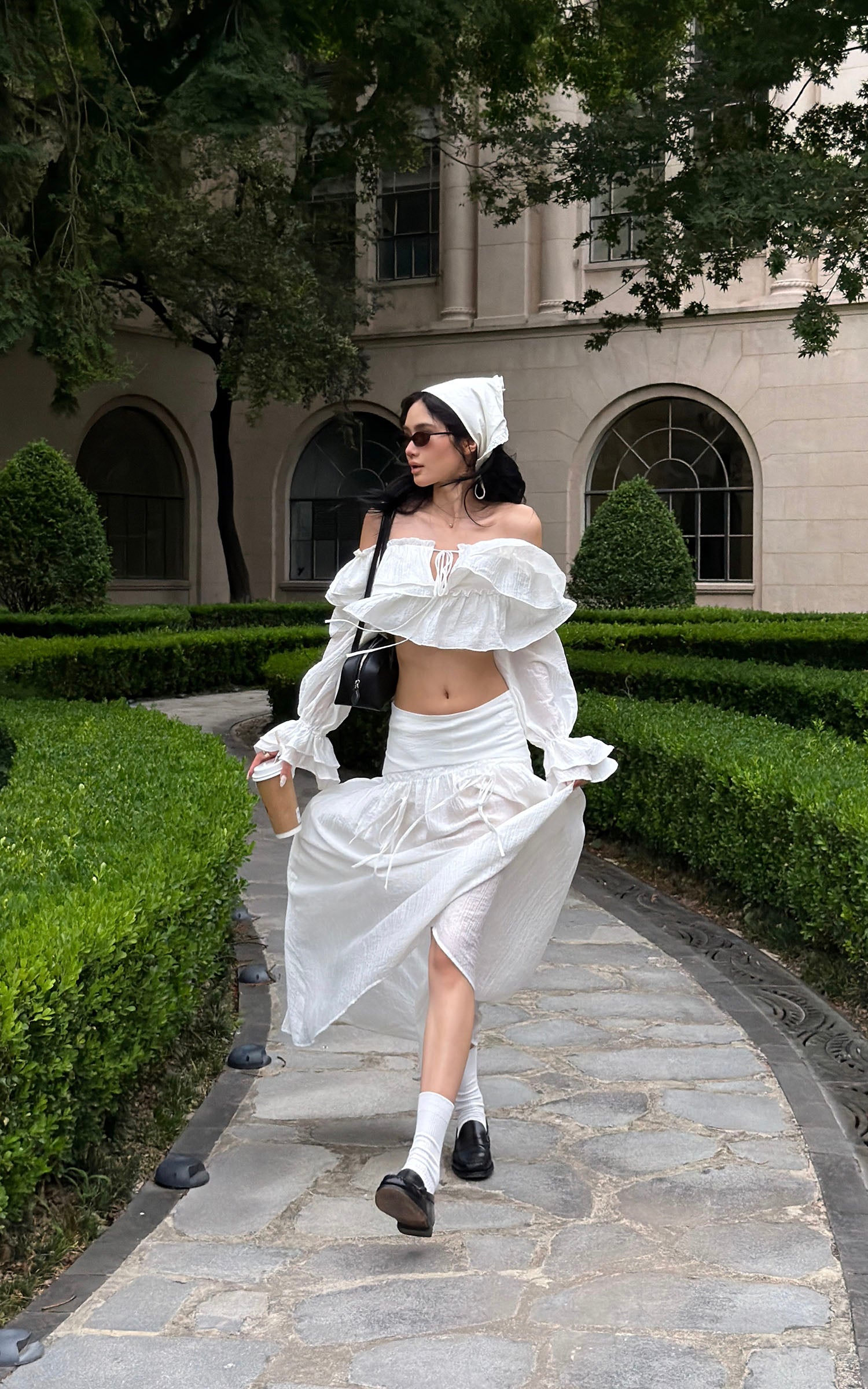 ROVENTE Ruffled Off-Shoulder Top &amp; Draped Skirt Set