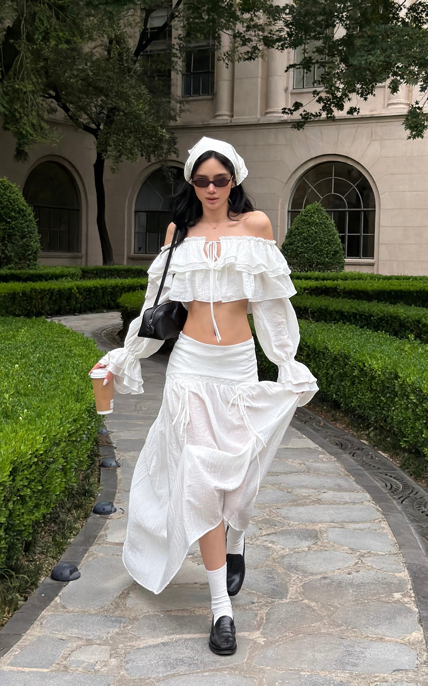 ROVENTE Ruffled Off-Shoulder Top &amp; Draped Skirt Set
