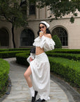 ROVENTE Ruffled Off-Shoulder Top & Draped Skirt Set