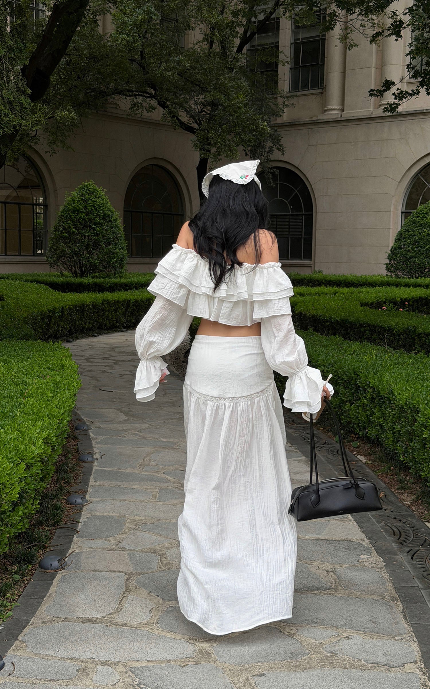 ROVENTE Ruffled Off-Shoulder Top &amp; Draped Skirt Set