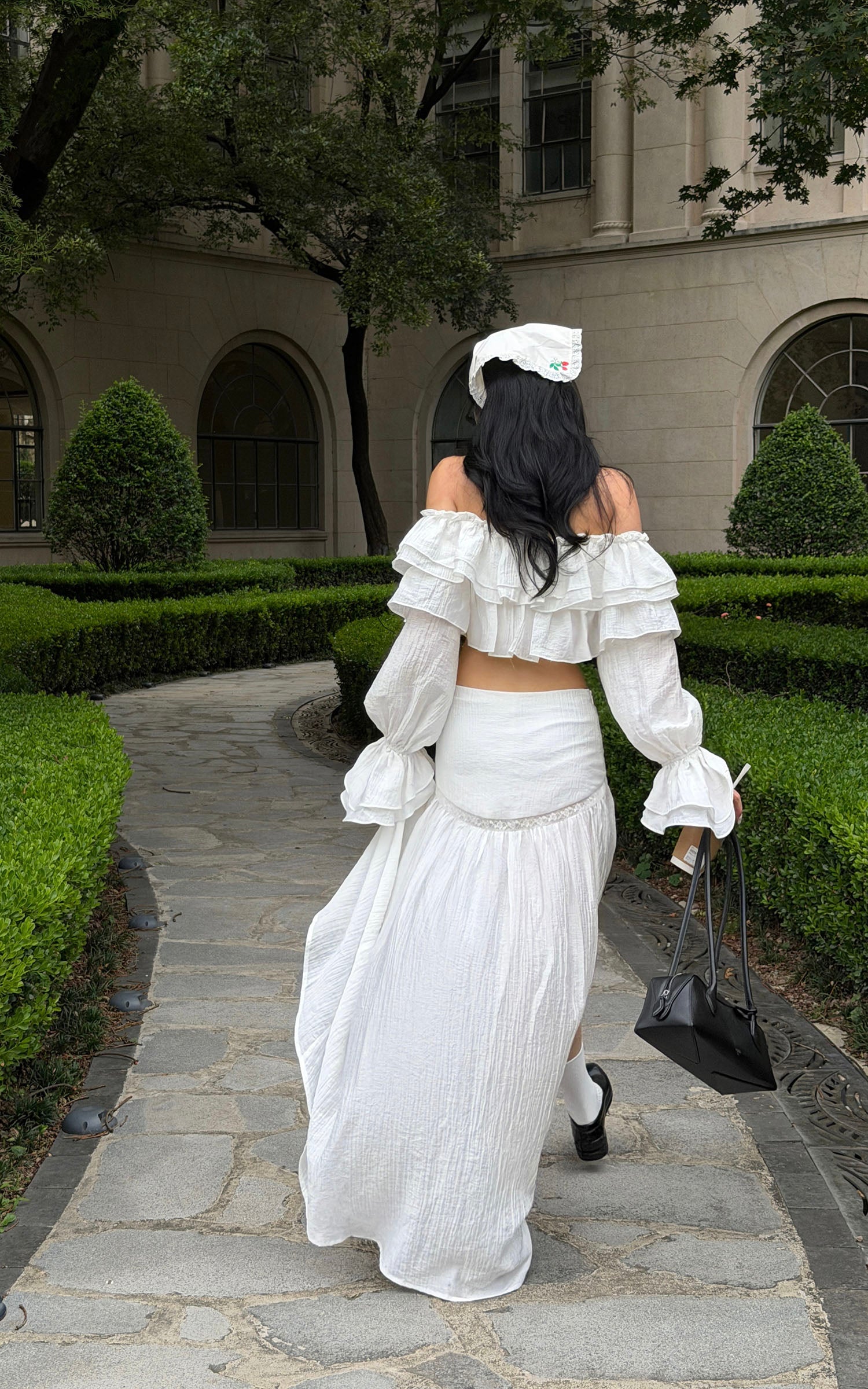 ROVENTE Ruffled Off-Shoulder Top &amp; Draped Skirt Set
