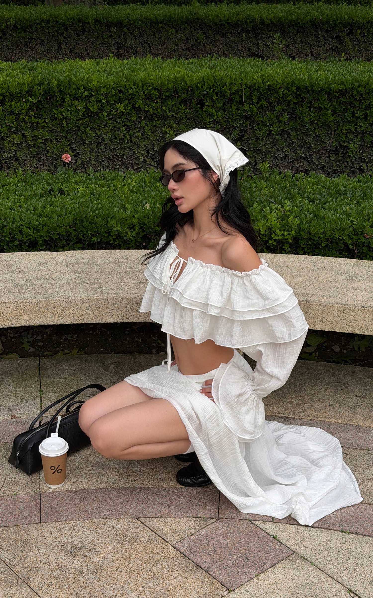 ROVENTE Ruffled Off-Shoulder Top &amp; Draped Skirt Set