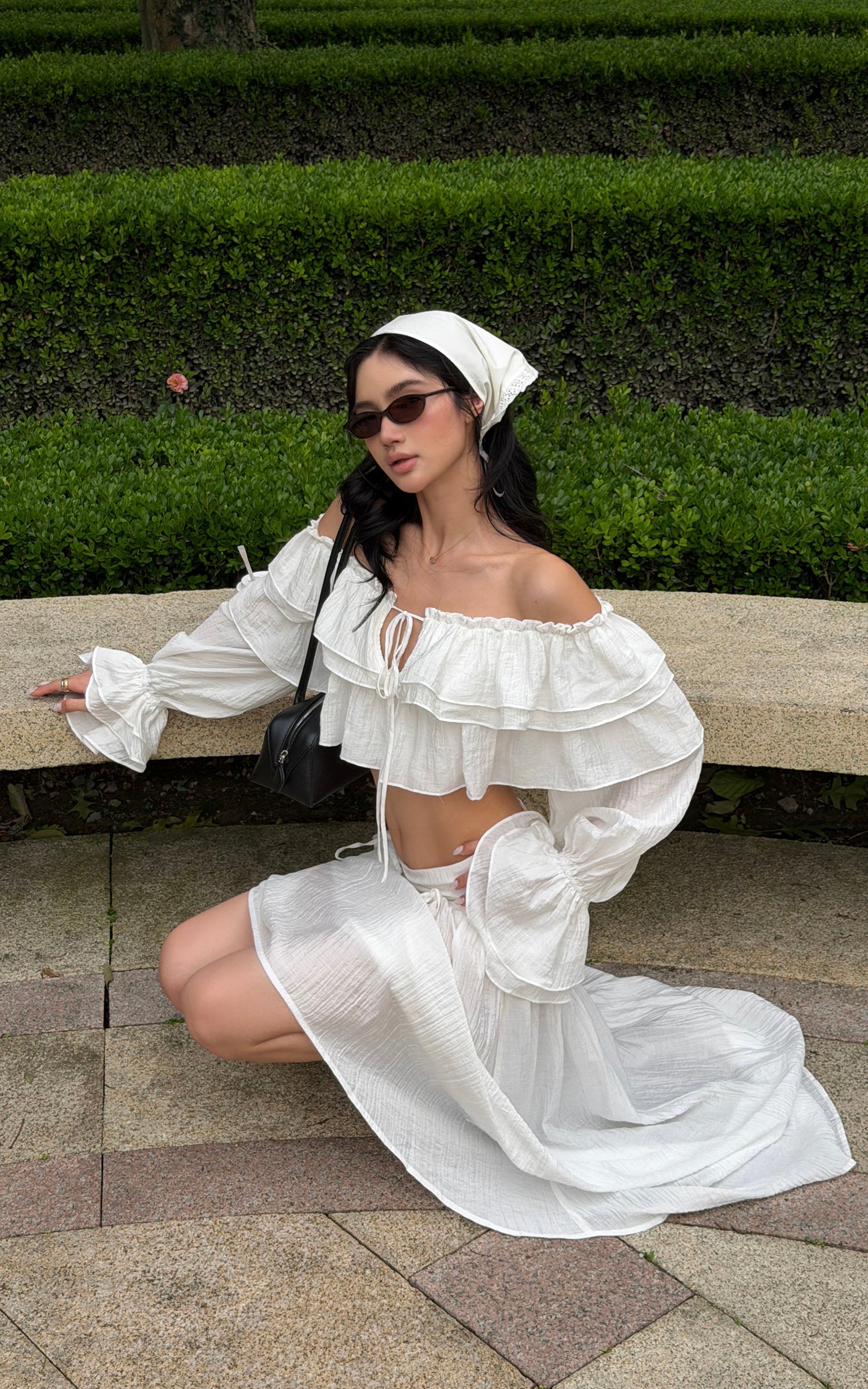 ROVENTE Ruffled Off-Shoulder Top &amp; Draped Skirt Set