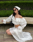 ROVENTE Ruffled Off-Shoulder Top & Draped Skirt Set