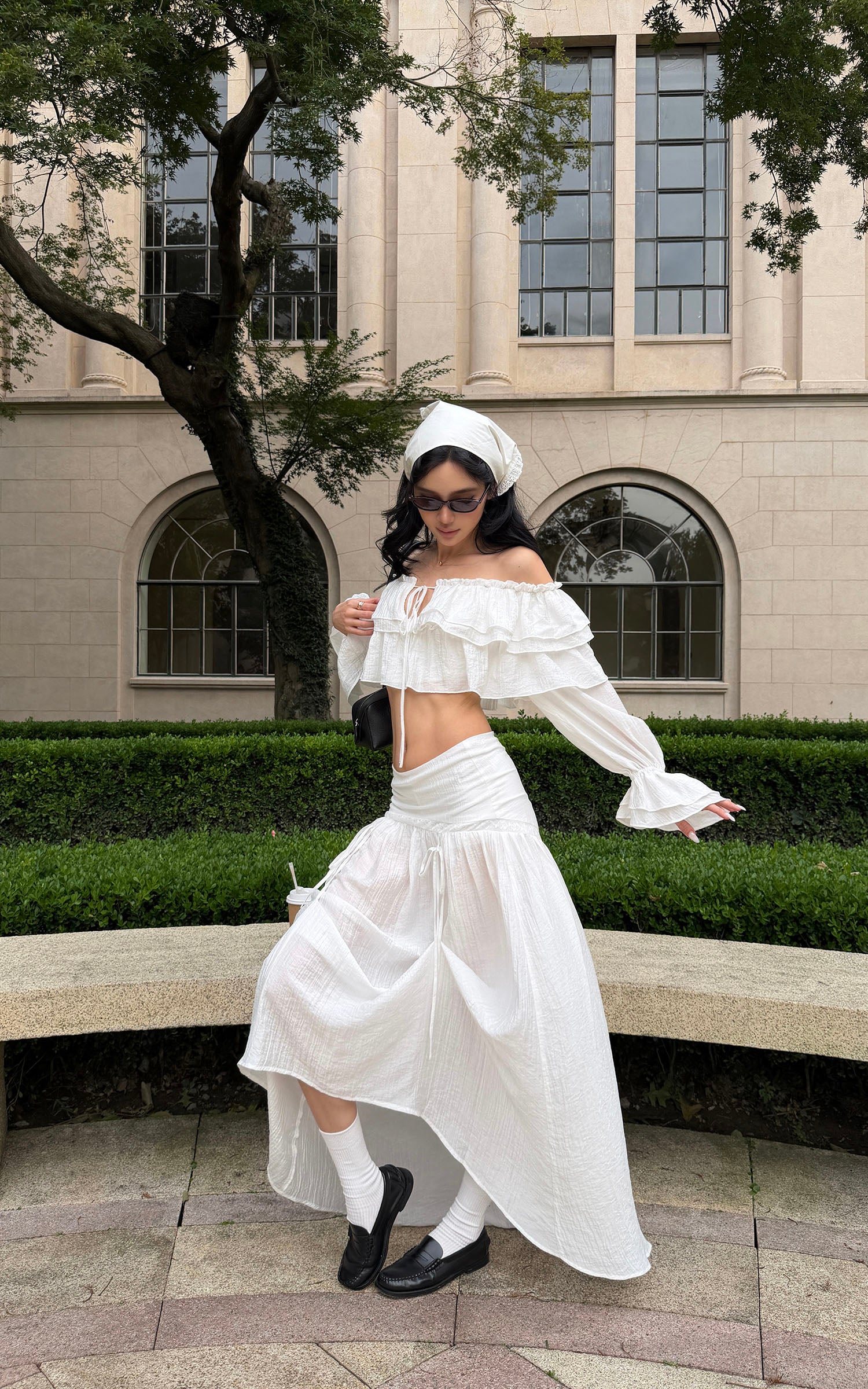 ROVENTE Ruffled Off-Shoulder Top &amp; Draped Skirt Set
