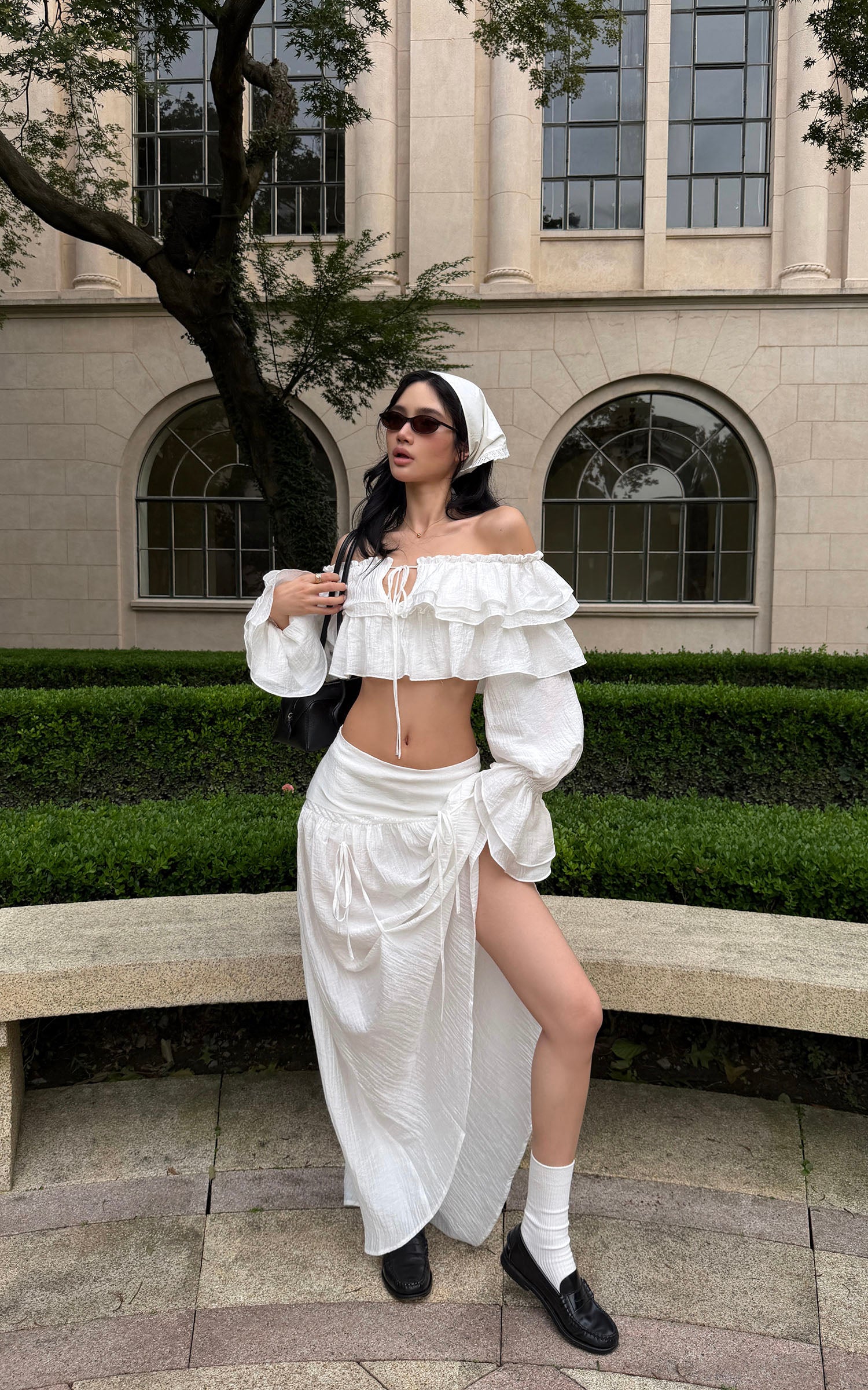 ROVENTE Ruffled Off-Shoulder Top &amp; Draped Skirt Set