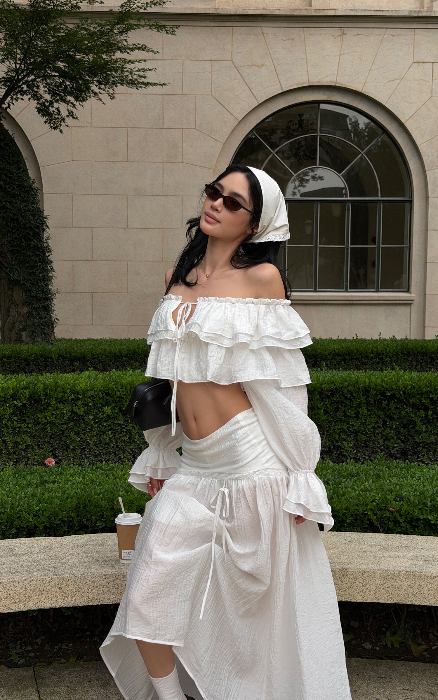 ROVENTE Ruffled Off-Shoulder Top &amp; Draped Skirt Set