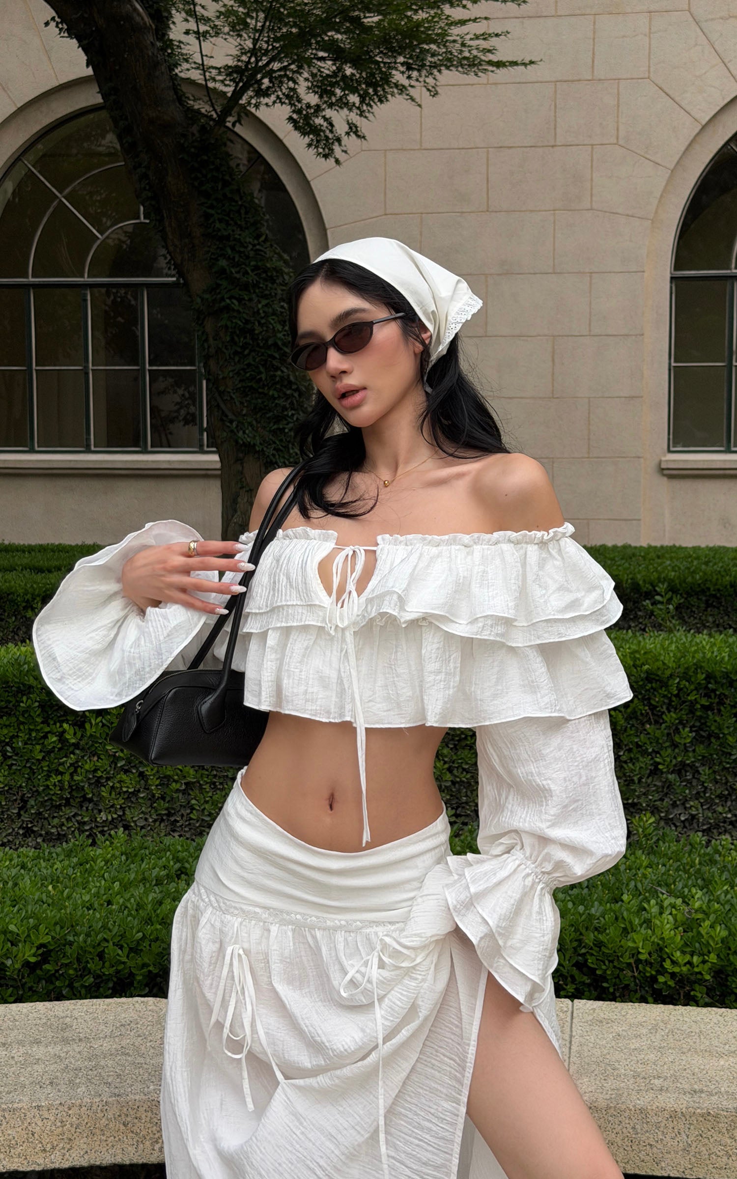 ROVENTE Ruffled Off-Shoulder Top &amp; Draped Skirt Set