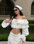 ROVENTE Ruffled Off-Shoulder Top & Draped Skirt Set