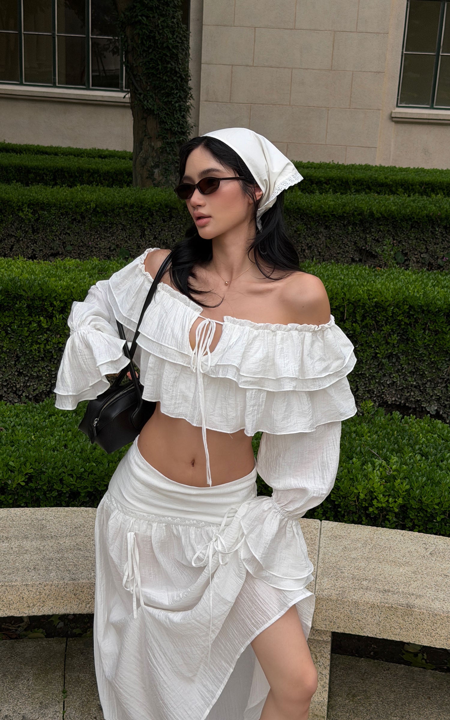 ROVENTE Ruffled Off-Shoulder Top &amp; Draped Skirt Set